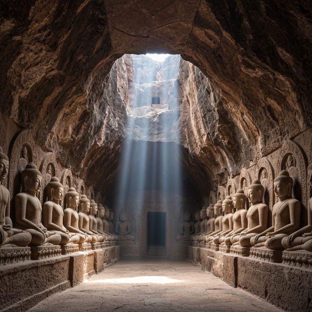 Interior of Buddhist cave with Buddha statues