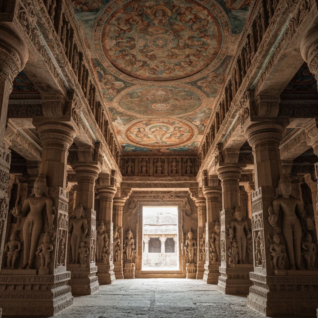 Interior of a Jain cave at Ellora with Tirthankara figures