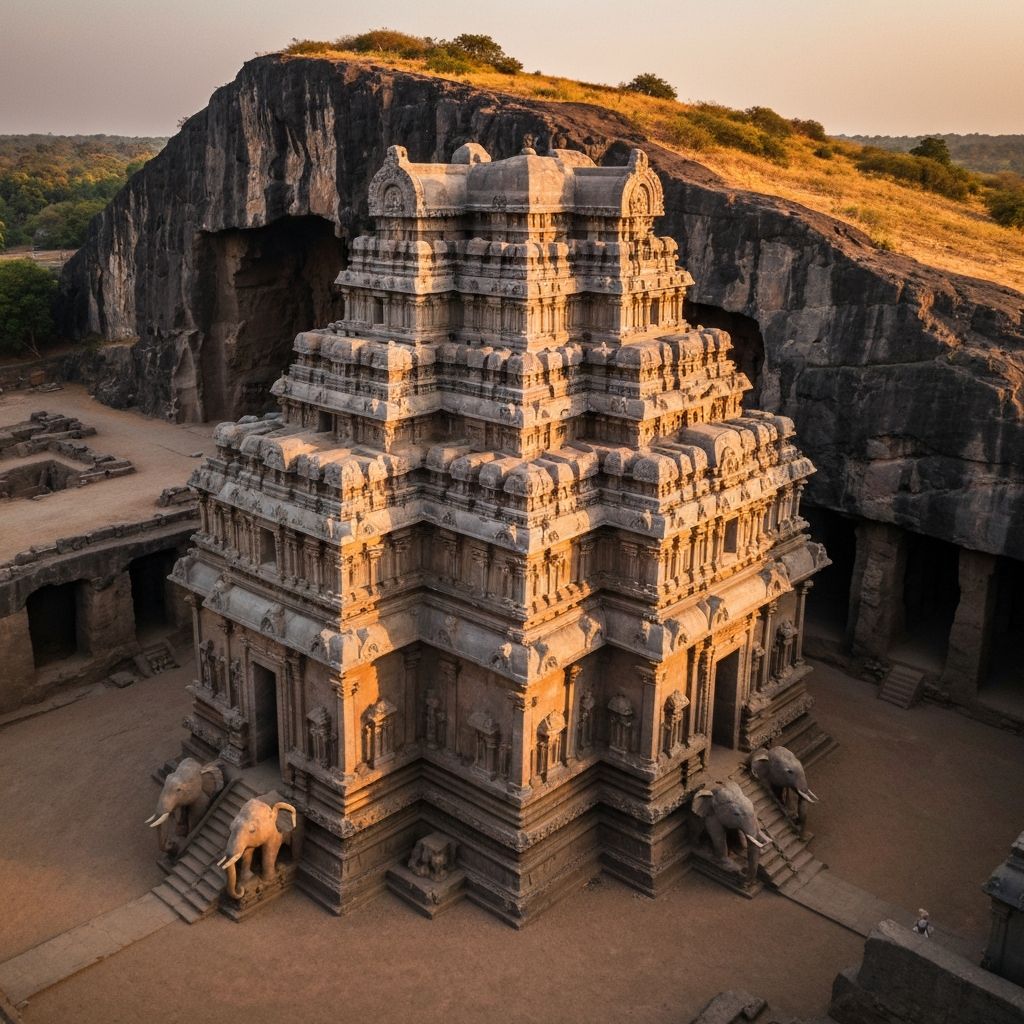 The magnificent Kailasa Temple at Ellora carved from a single rock