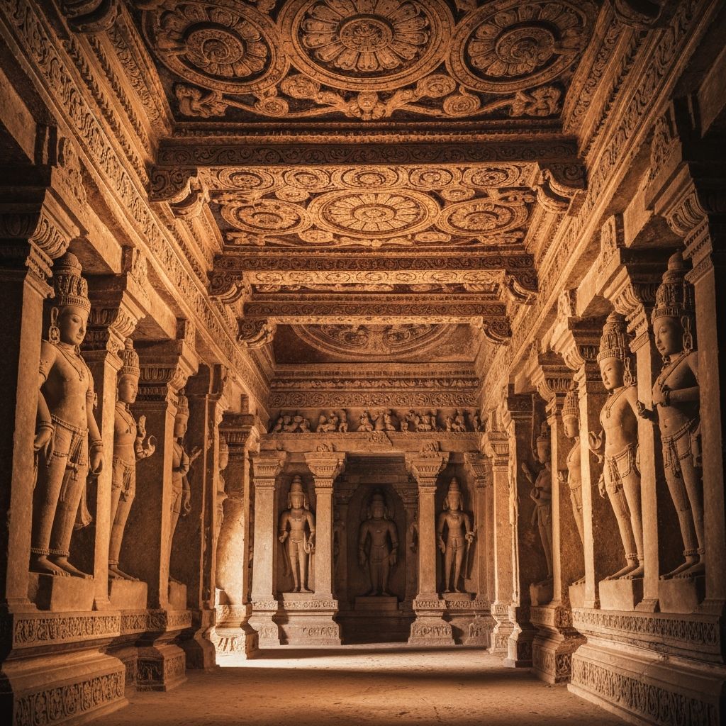 Interior of Jain cave with intricate carvings