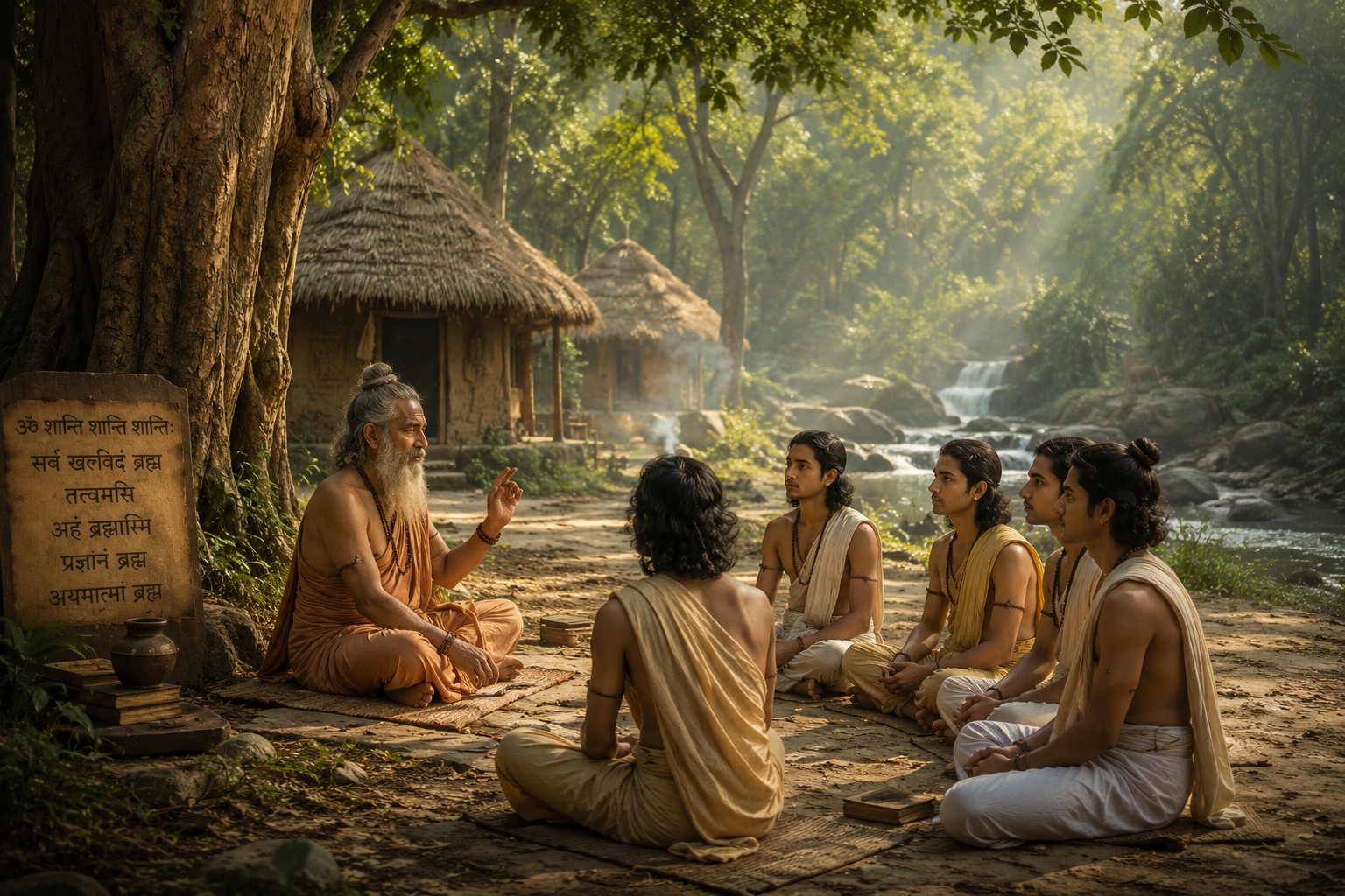 Guru teaching students in forest ashram