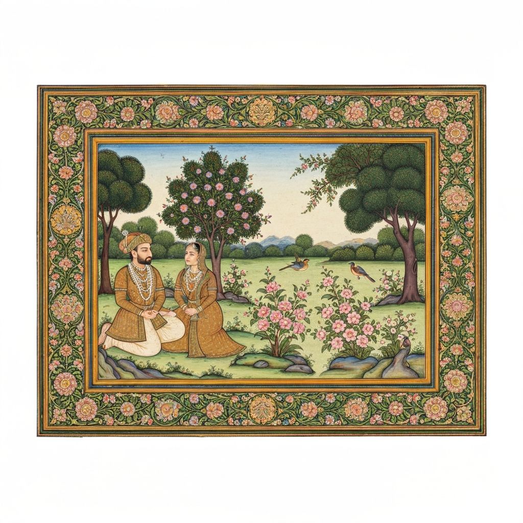 Exquisite Mughal miniature painting showing a royal garden scene