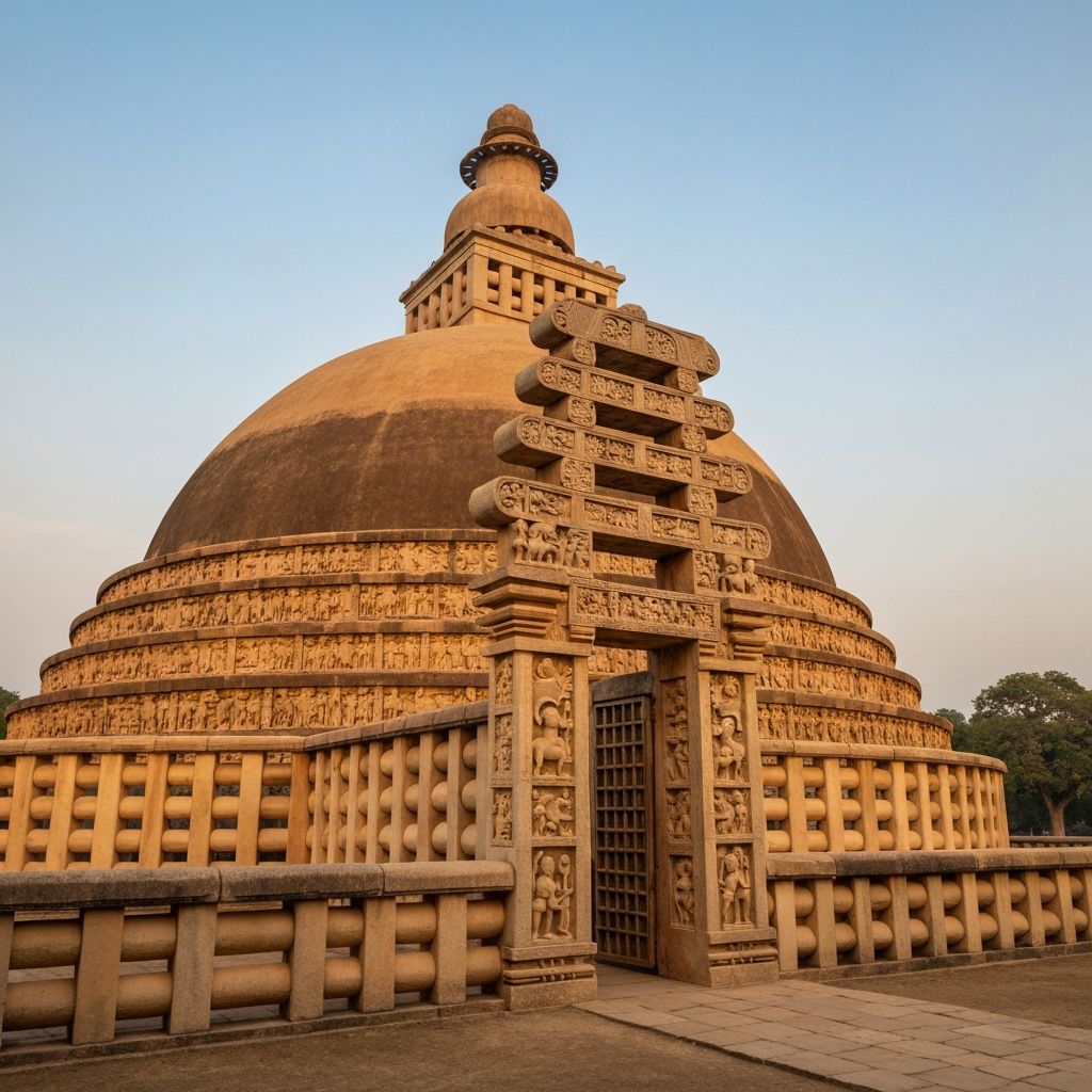 The Great Stupa at Sanchi with ornate carved stone gateways