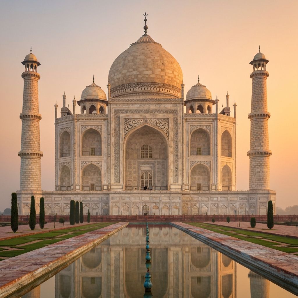 The Taj Mahal at sunrise reflecting in the pool