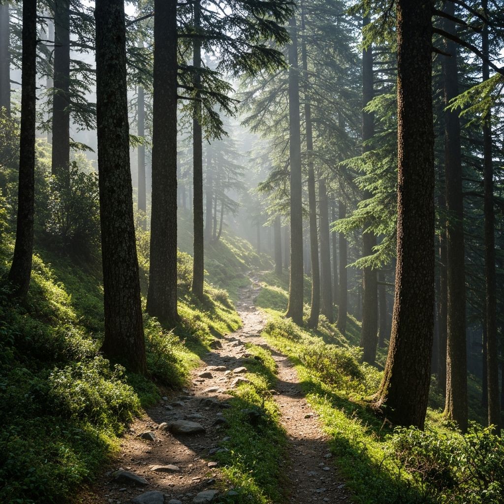 Dense pine forest trail on the way to Triund